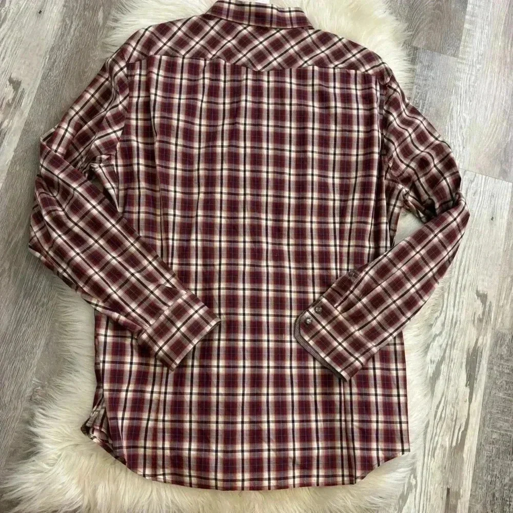Banana republic slim fit red brown blue plaid pearl button western shirt Large
